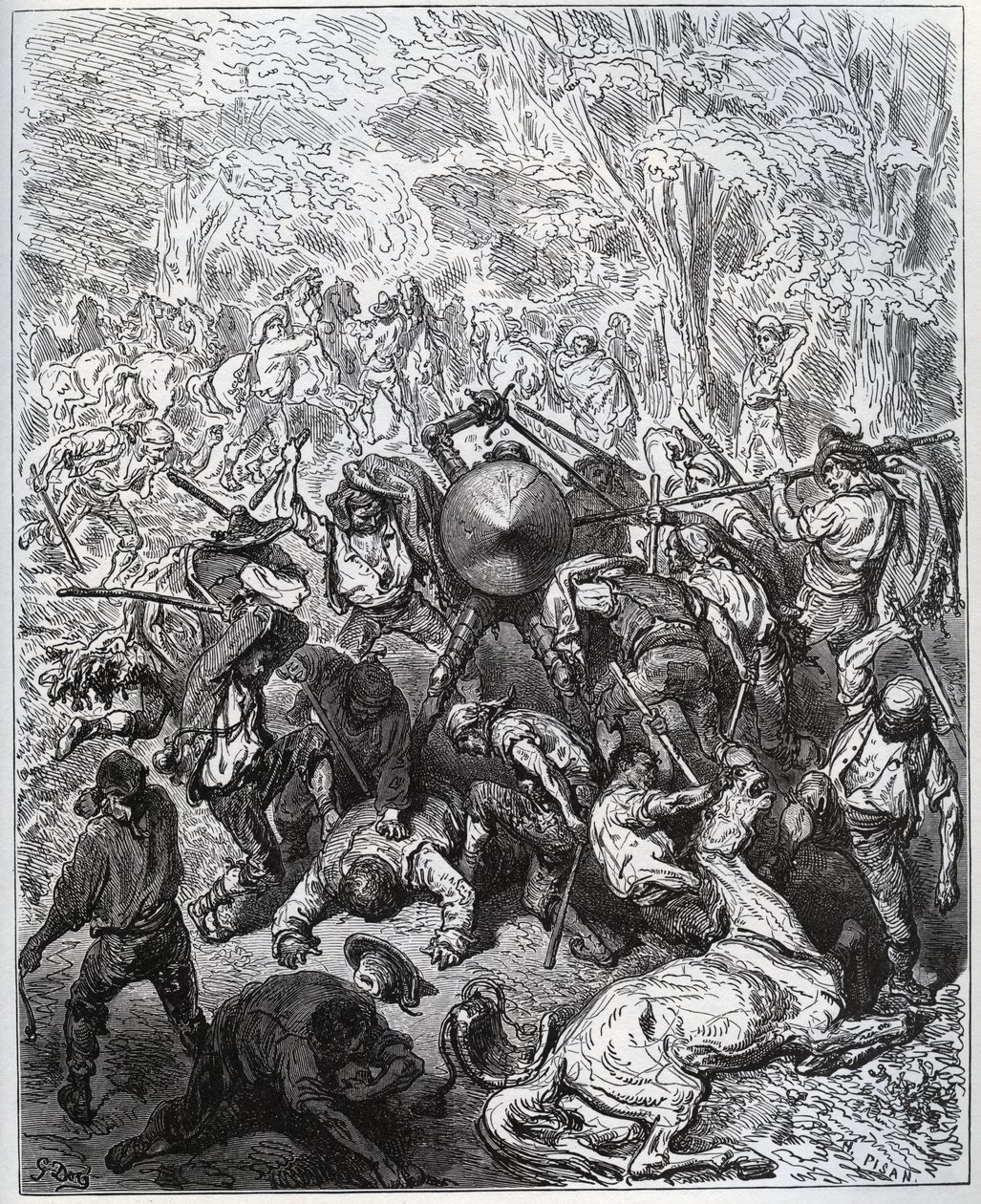 Strid mot mulmakare - Yangois använde sina klubbor - från "Don Quixote de la Mancha" av Miguel Cervantes (1547-1616) (Don Quijote) - Träsnitt efter teckning av Gustave Dore av Gustave Dore