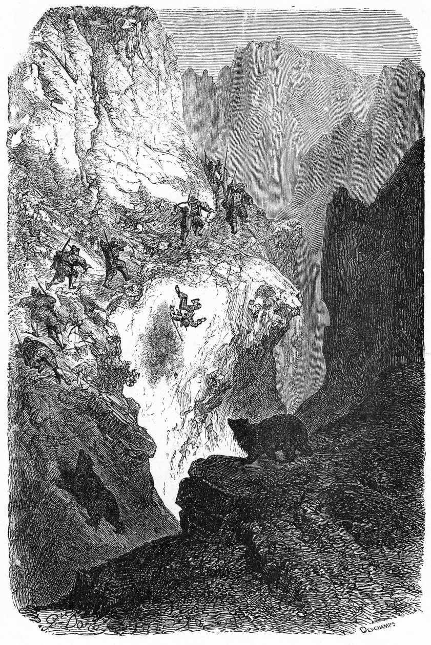 Björnjakt i Pyrenéerna: en man faller ner från berget. Gravyr av Gustave Dore som illustrerar boken "Journey to the Pyrenees" av Hippolyte Taine, Hachette 1860. av Gustave Dore