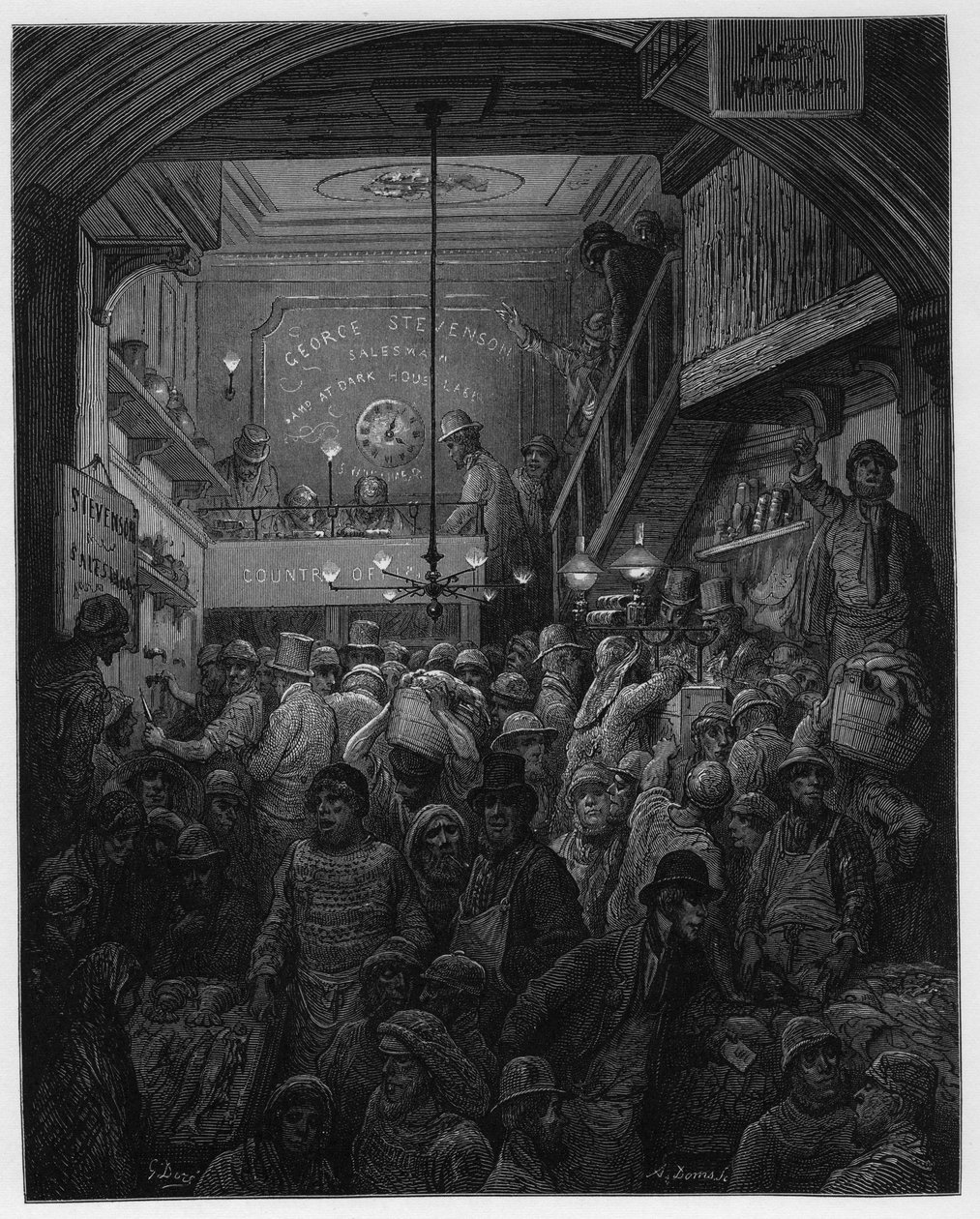 Billingsgate - Försäljning av fisk i gråten. Illustration för London av Louis Enault illustrerad av Gustave Dore av Gustave Dore