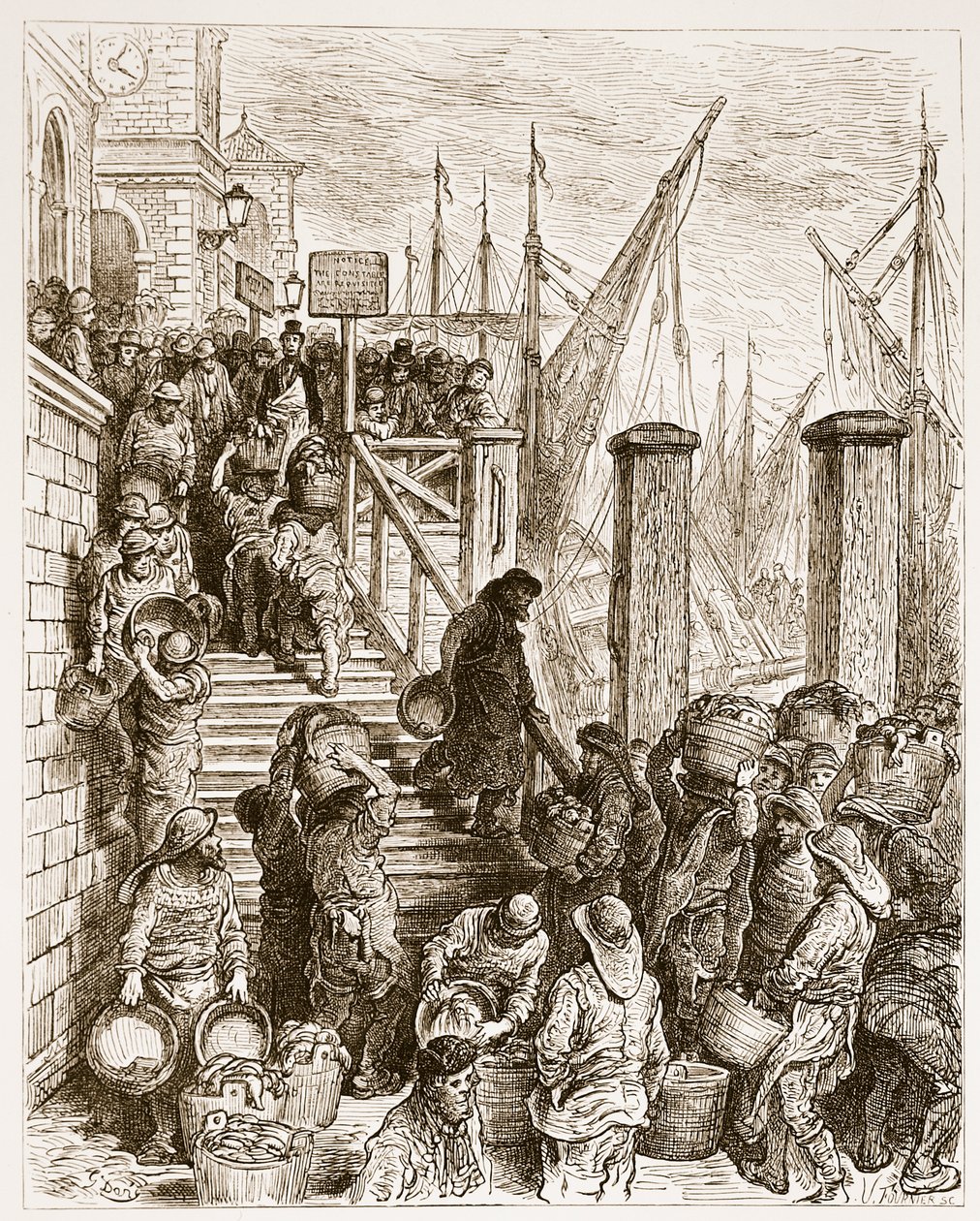Billingsgate, Landing the Fish, från "London, a Pilgrimage", skriven av William Blanchard Jerrold (1826-94) och graverad av Hildibrand, pub. 1872 av Gustave Dore