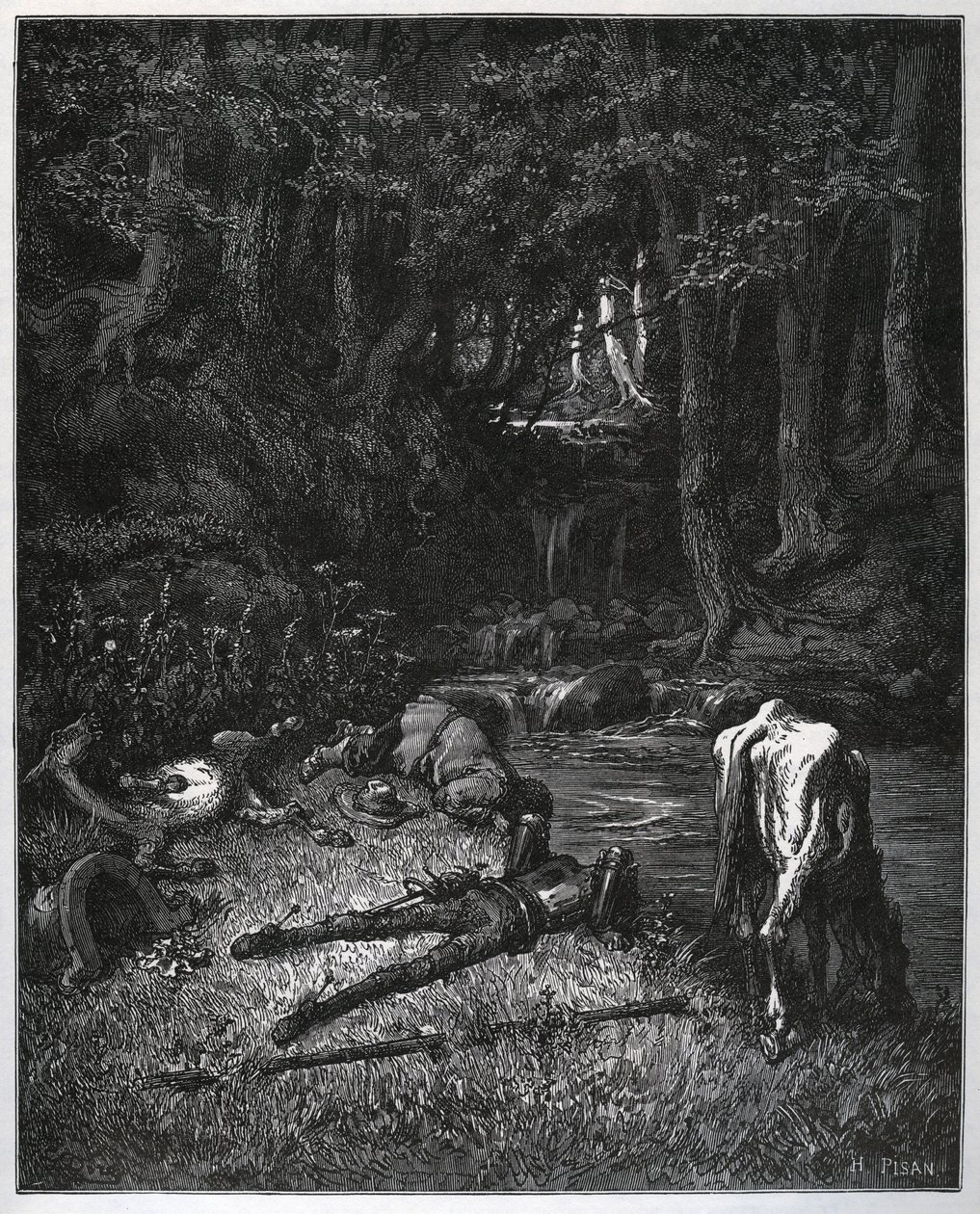 Bivack i skogen - Överlevda av platsens skönhet, bestämde de sig för att tillbringa timmarna av tupplur där - från "" Don Quixote de la Mancha"" av Miguel Cervantes (1547-1616) (Don Quijote) - Träsnitt efter teckning av Gustave Dore av Gustave Dore