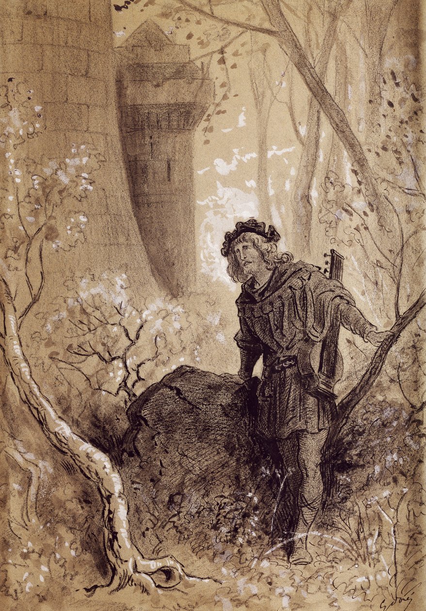 Blondel som hör rösten av Richard Lejonhjärta, illustration för Gargantua och Pantagruel av Francois Rabelais (1483-1494 - 1553), gravyr av Gustave Dore (1832-1883) av Gustave Dore