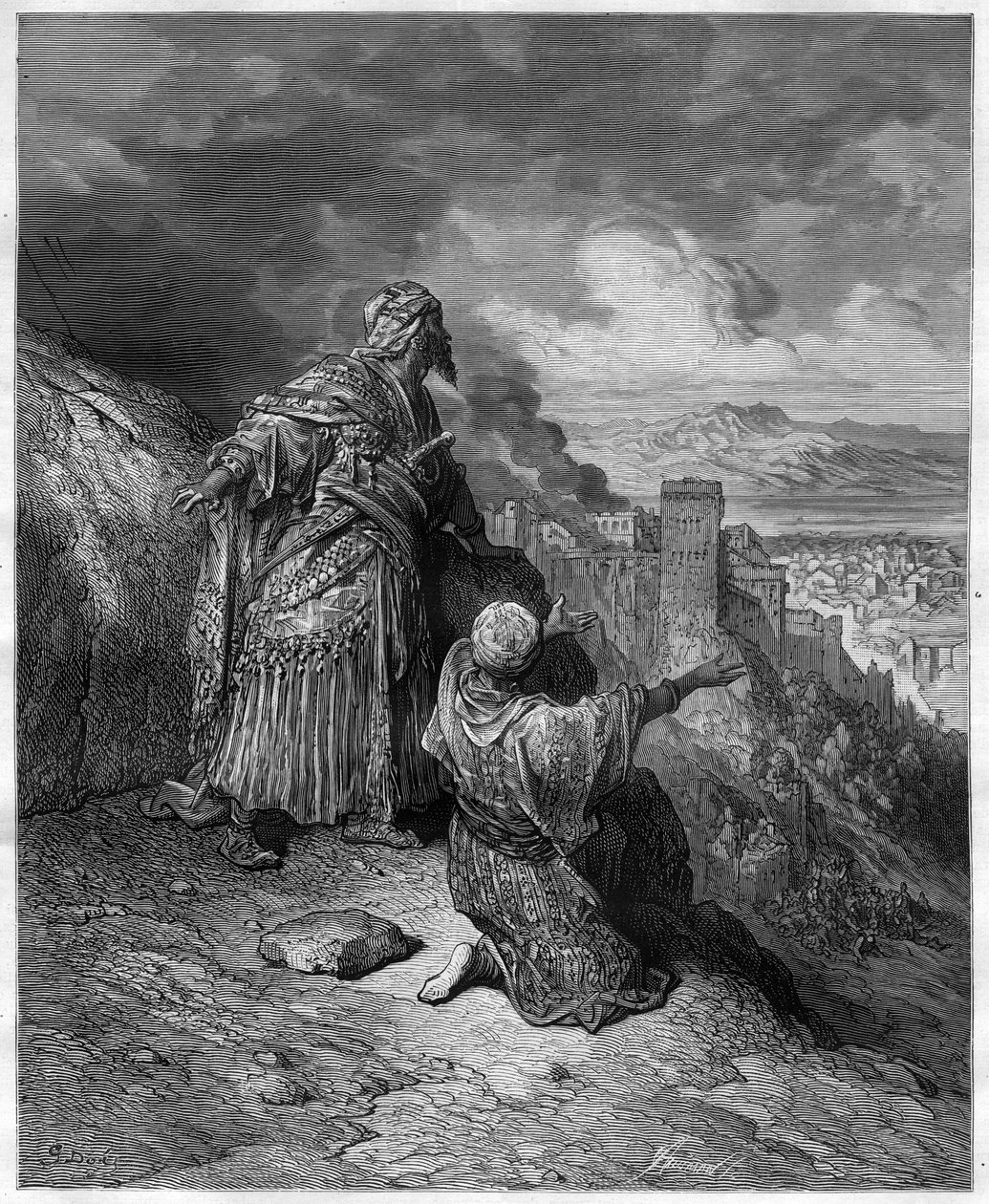 Boabdil lämnar Grenada - Abu Abd Allah Mohammed, alias El Chico (Muhammad XII) (1459-1533) den siste arabiske kungen av Grenada, illustration från "Stories of the Crusades" av J-F. Michaud av Gustave Dore