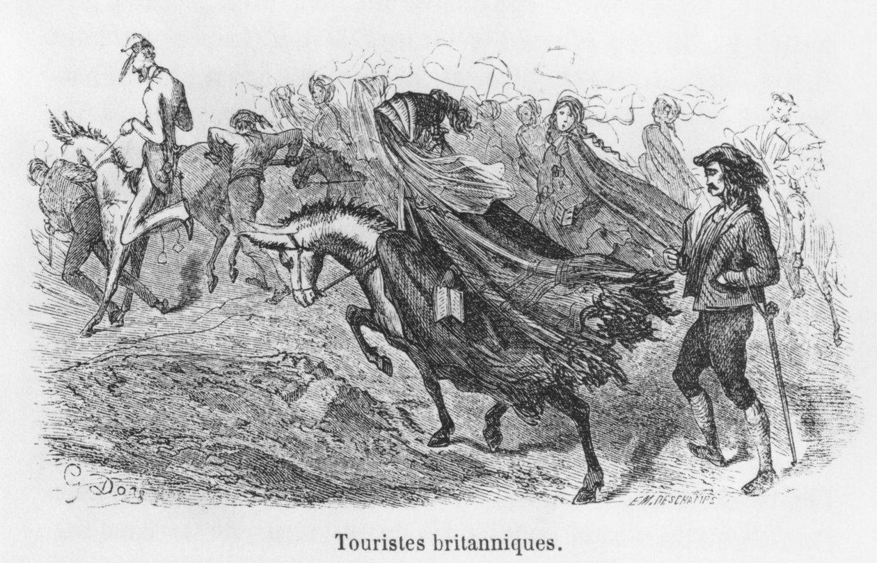 Brittiska turister, illustration från "Voyage aux Pyrenees" av Hippolyte Taine (1828-93), graverad av Emile Deschamps (1800-talet). av Gustave Dore