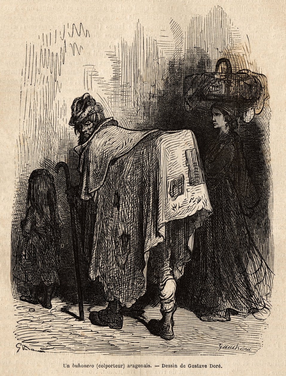 Buhonero, aragonisk handlare. Teckning av Gustave Dore (1832-1883). Gravyr för att illustrera resan i Spanien, av Charles Davillier, 1862, publicerad i "" Le tour du monde""" 1872, redigerad av Edouard Charton, Hachette-upplagan, Paris. Selva samling. av Gustave Dore