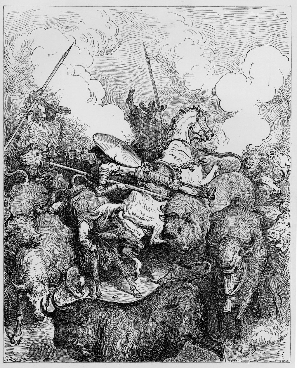 Tjurkamp, ur "Don Quijote de la Mancha" av Miguel Cervantes, graverad av Heliodore Joseph Pisan, ca 1875 av Gustave Dore