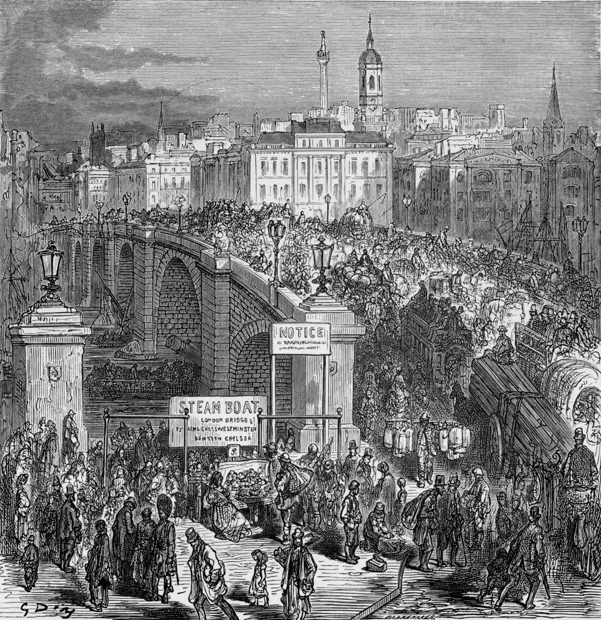 Upptagen scen på London Bridge, 1872. av Gustave Dore