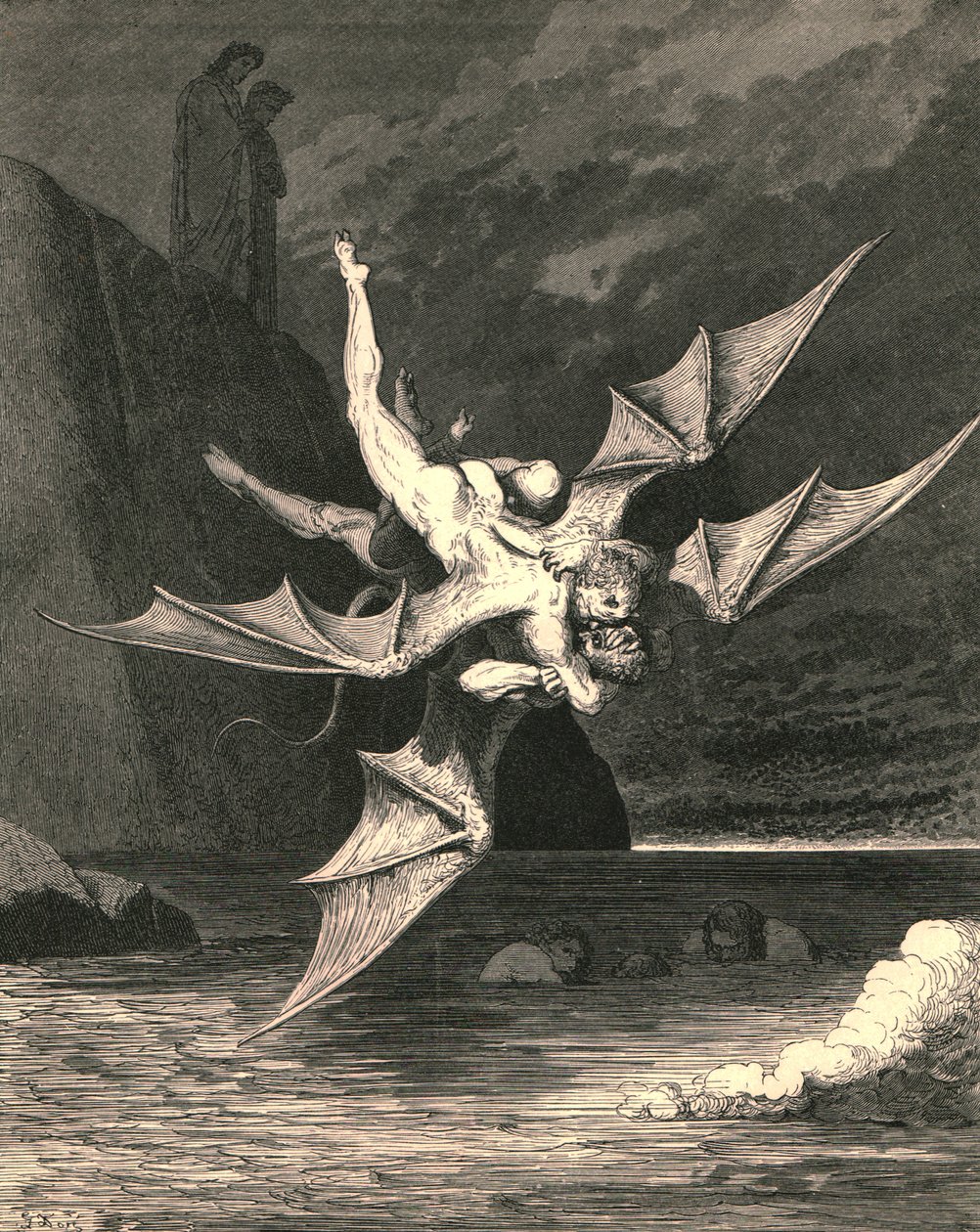 Men den andra visade sig vara en hök...och i den kokande sjön föll båda, c1890. av Gustave Dore