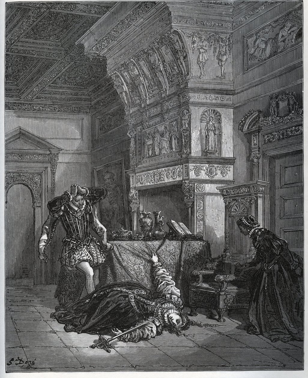 Camille fintar självmord framför Lothaire och Leonella - från "Don Quixote de la Mancha" av Miguel Cervantes (1547-1616) (Don Quijote) - Träsnitt efter teckning av Gustave Dore av Gustave Dore