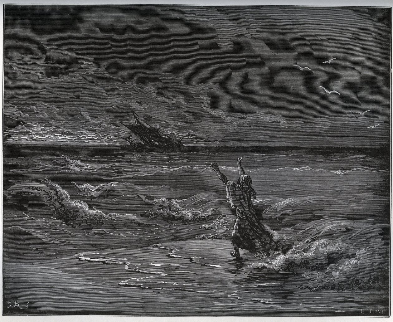 Fången berättelse. Aagi-Morato, Zoraides fader, barker på stranden från "Don Quixote de la Mancha"" av Miguel Cervantes (1547-1616) (Don Quijote) - Träsnitt efter teckning av Gustave Dore av Gustave Dore