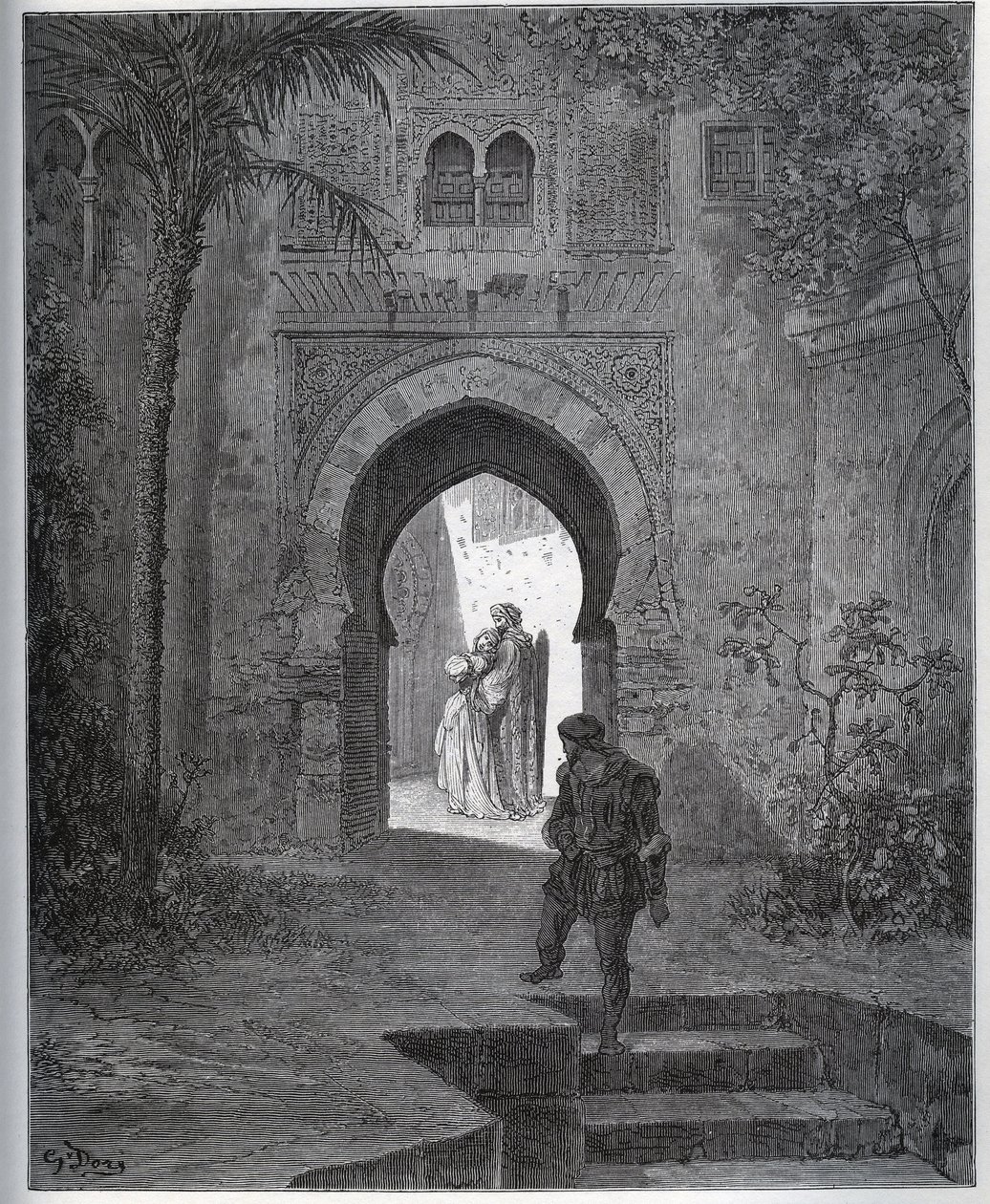 Fången berättelse. Fångens första möte med Zoraide i faderns trädgård, som tar henne tillbaka efter sin sjukdomsfinta från "Don Quixote de la Mancha" av Miguel Cervantes av Gustave Dore
