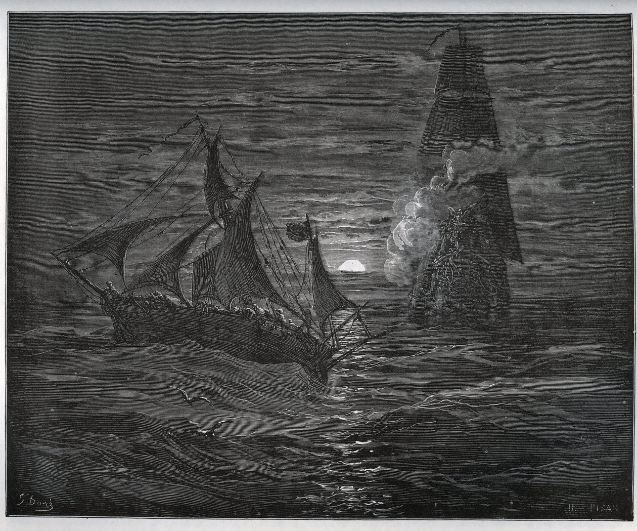 Fången berättelse. Den spanska flyktbåten attackeras av ett franskt skepp från "" Don Quixote de la Mancha"" av Miguel Cervantes (1547-1616) (Don Quijote) - Träsnitt efter teckning av Gustave Dore av Gustave Dore