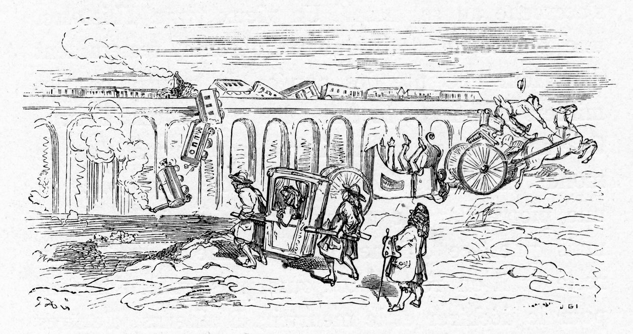 Tecknad bild av "modern" transport av Gustave Dore omkring 1850:2 tåg kör på varandra och ett passagerartåg spårar ur och faller från toppen av en bro; en vagn delas i 2 och välter efter att hästen som drar den har packats; endast rullstolen av Gustave Dore