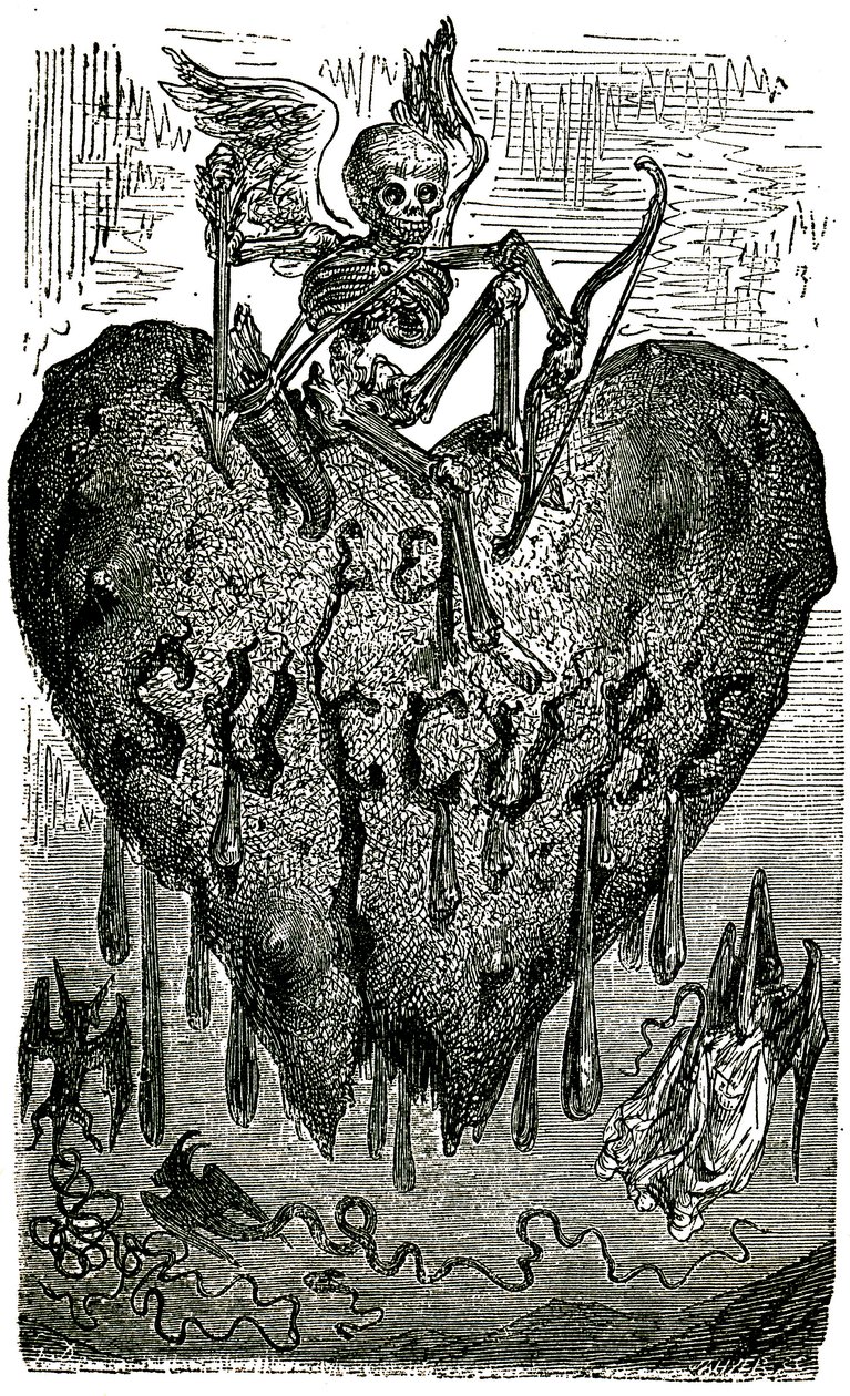 Kapitelhuvudillustration av Gustave Dore för Drolatiska berättelser (1855) av Honore de Balzac (1799-1850): succubusen (vampyren) - skelett, död, hjärta, blod- av Gustave Dore