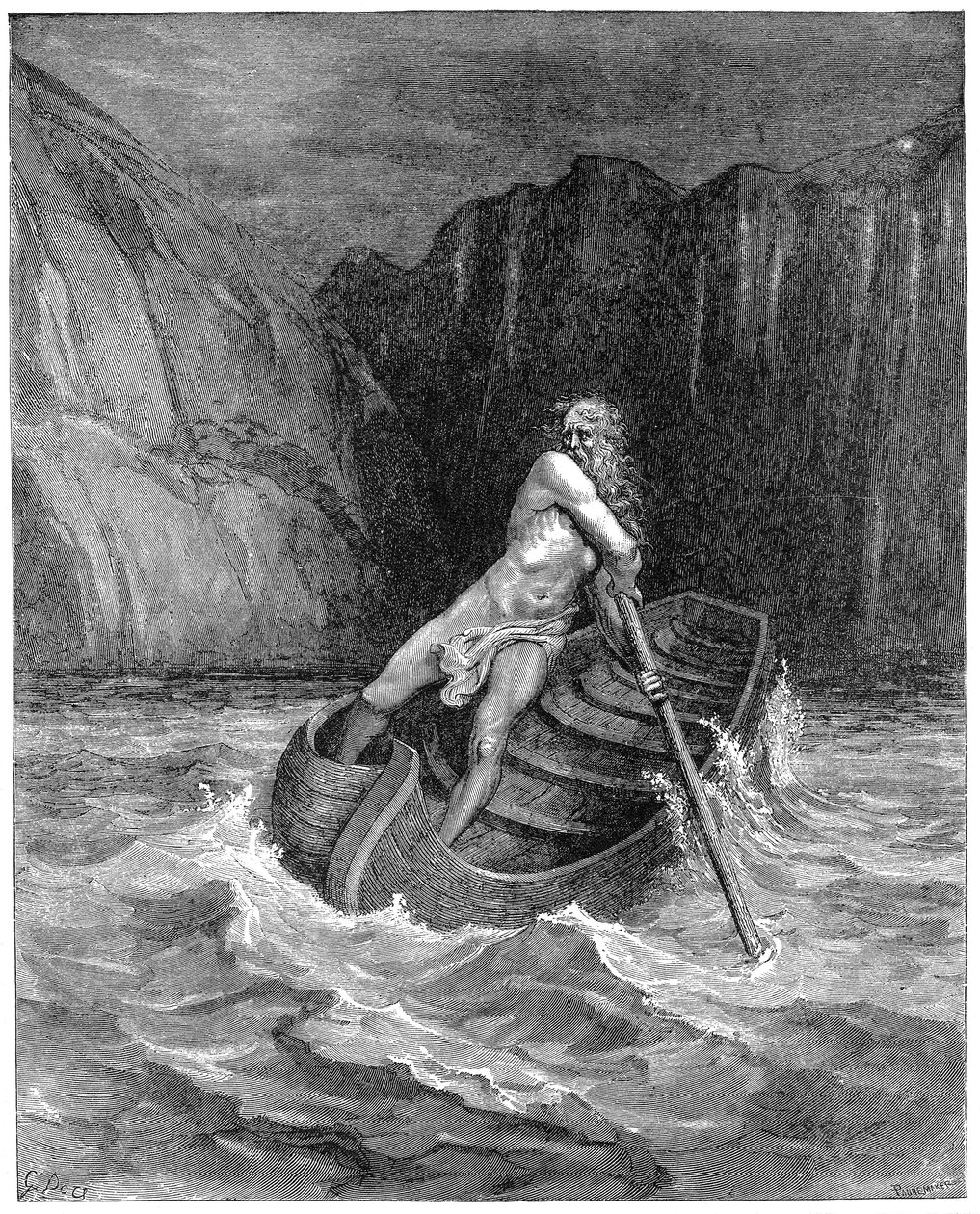 Färjemannen Charon ror för att samla Dante och Virgil för att bära dem över Styx, 1861 av Gustave Dore