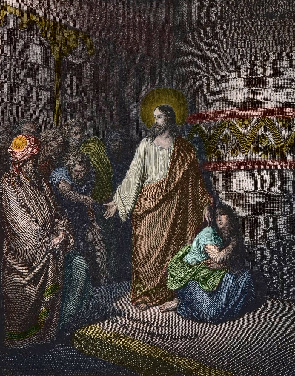 "" Kristus och den äktenskapliga kvinnan"" Illustration av Gustave Dore (1832-1883) - Jesus och kvinnan tagen i äktenskapsbrott - gravyr av Gustave Dore - senare färgläggning av Gustave Dore