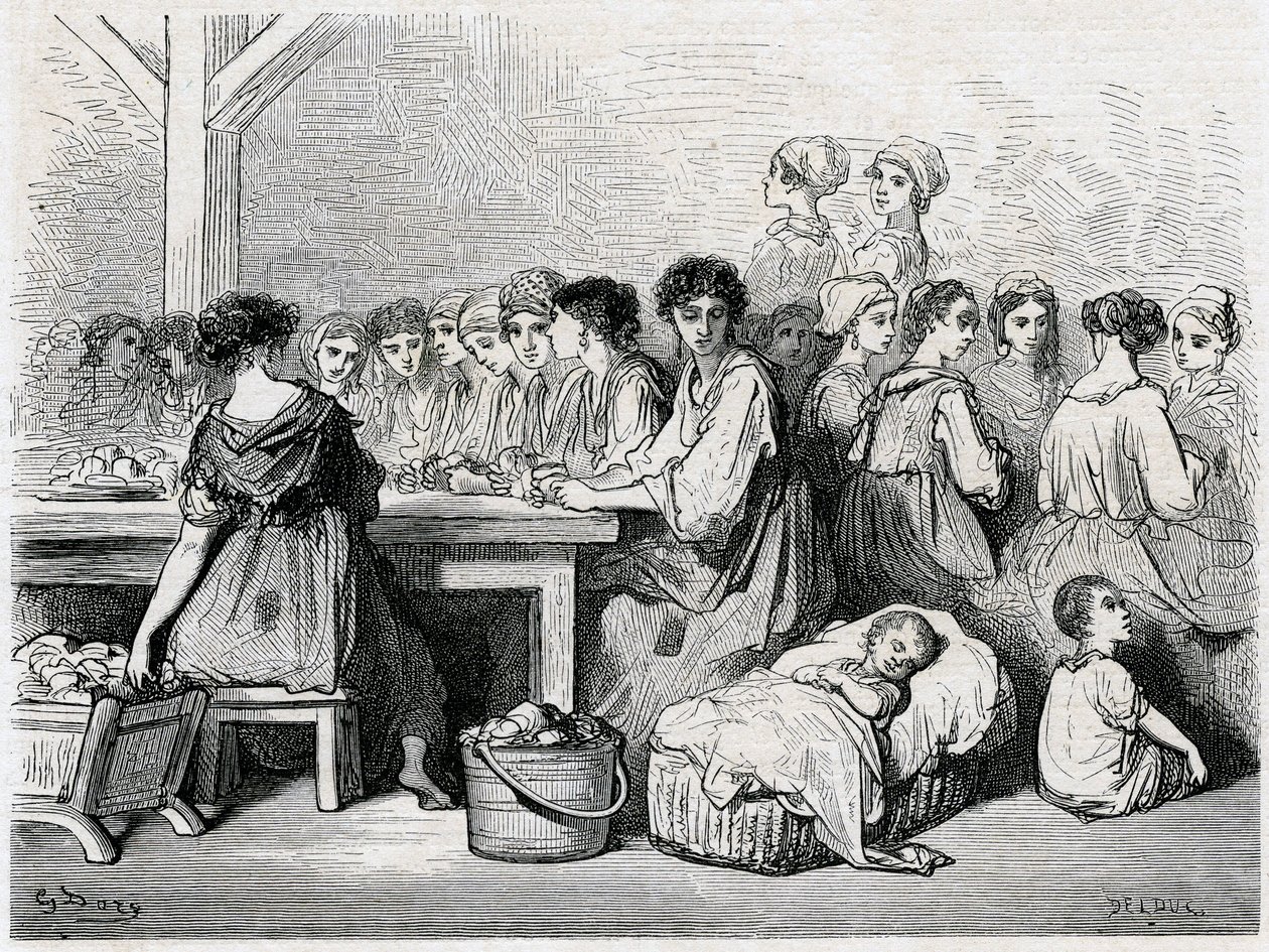 Cigarrer från Sevilla. Tillverkning av cigarrer, arbetare, tobak. Ritning av Gustave Dore som illustrerar "" Voyage en Espagne" av Charles Davillier av Gustave Dore