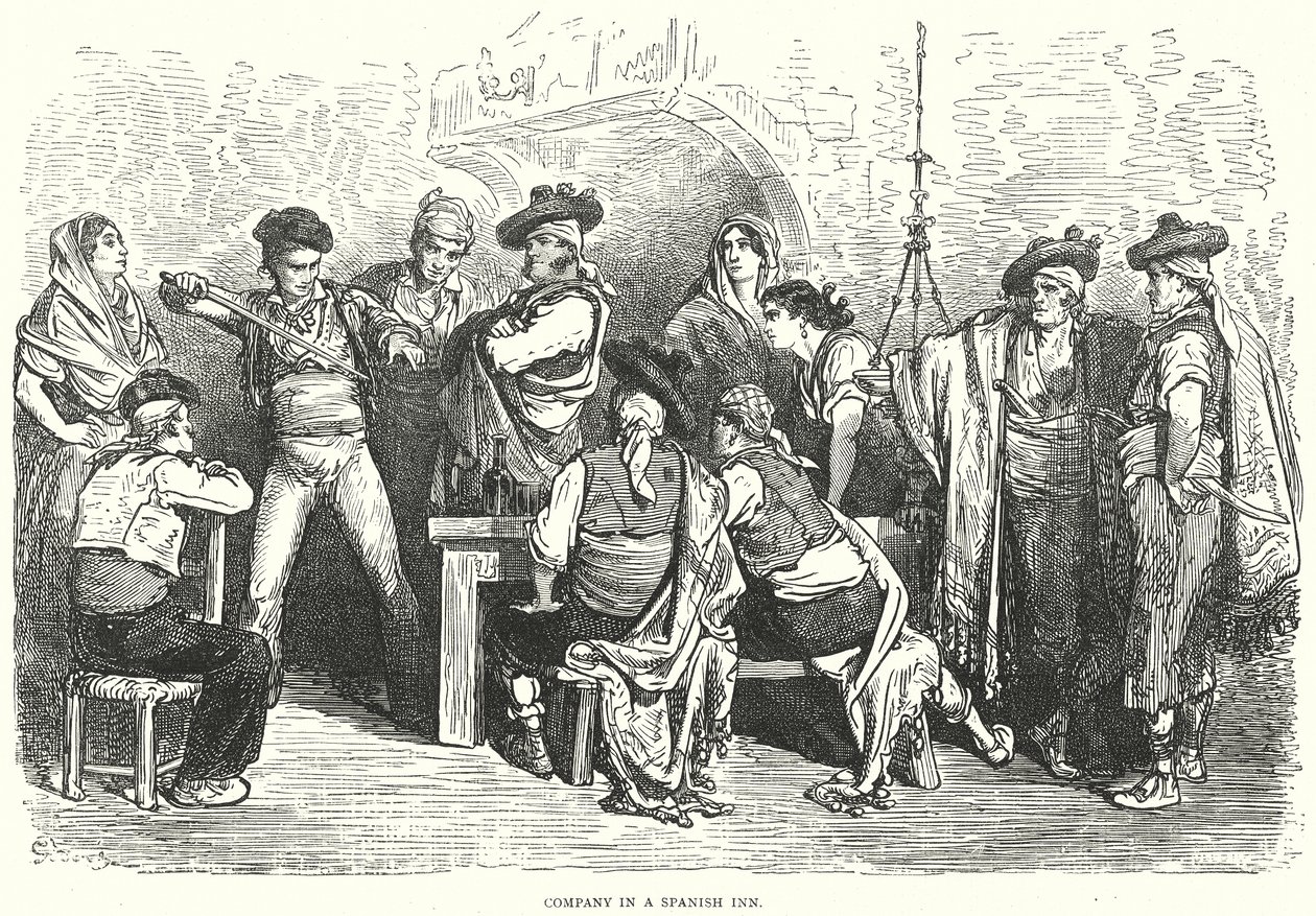 Sällskap i ett spanskt värdshus (gravyr) av Gustave Dore