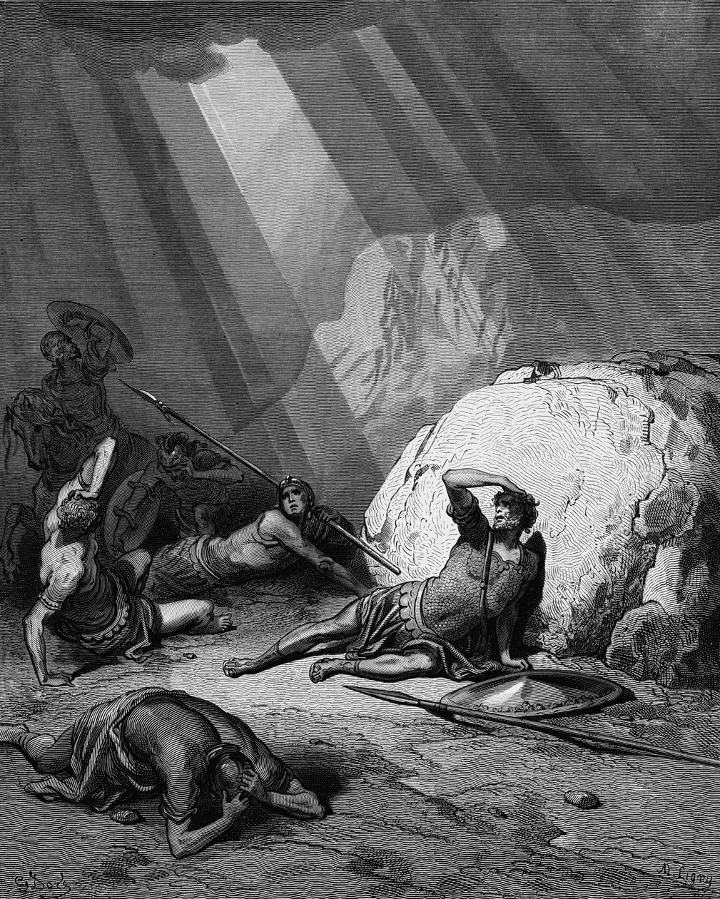 St Pauls omvandling på vägen till Damaskus. Apostlagärningarna 9. Ur Gustave Dore-bibeln 1865-1866. Trägravyr. Guds kraft avbildas som ett ljusskaft. av Gustave Dore