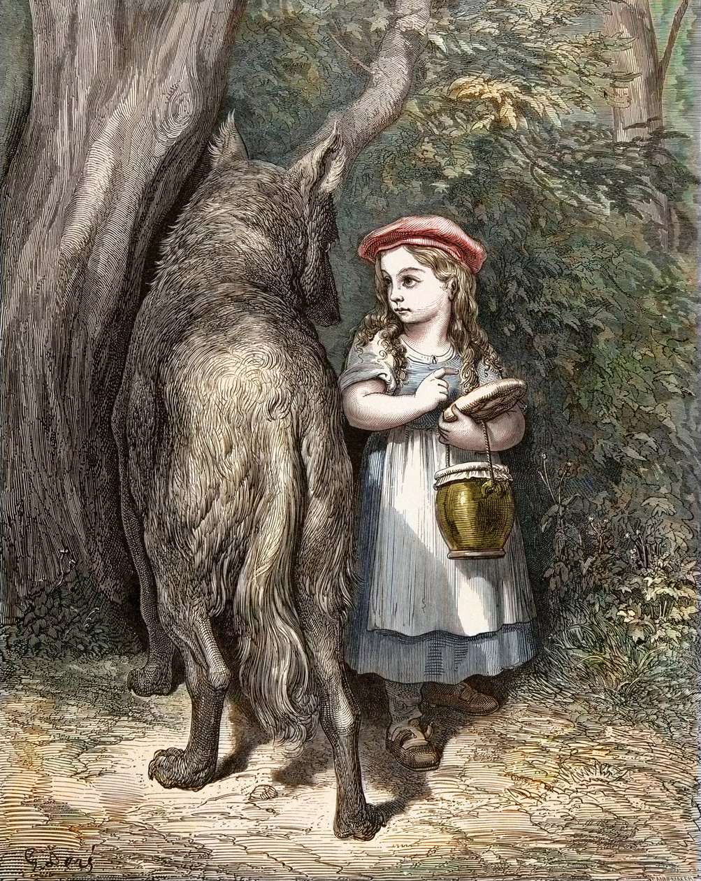 När den korsar skogen möter den lilla rödluvan vargen. Gravyr av Gustave Dore (1832-1883) från "The Tales" av Charles Perrault (1628-1703) av Gustave Dore