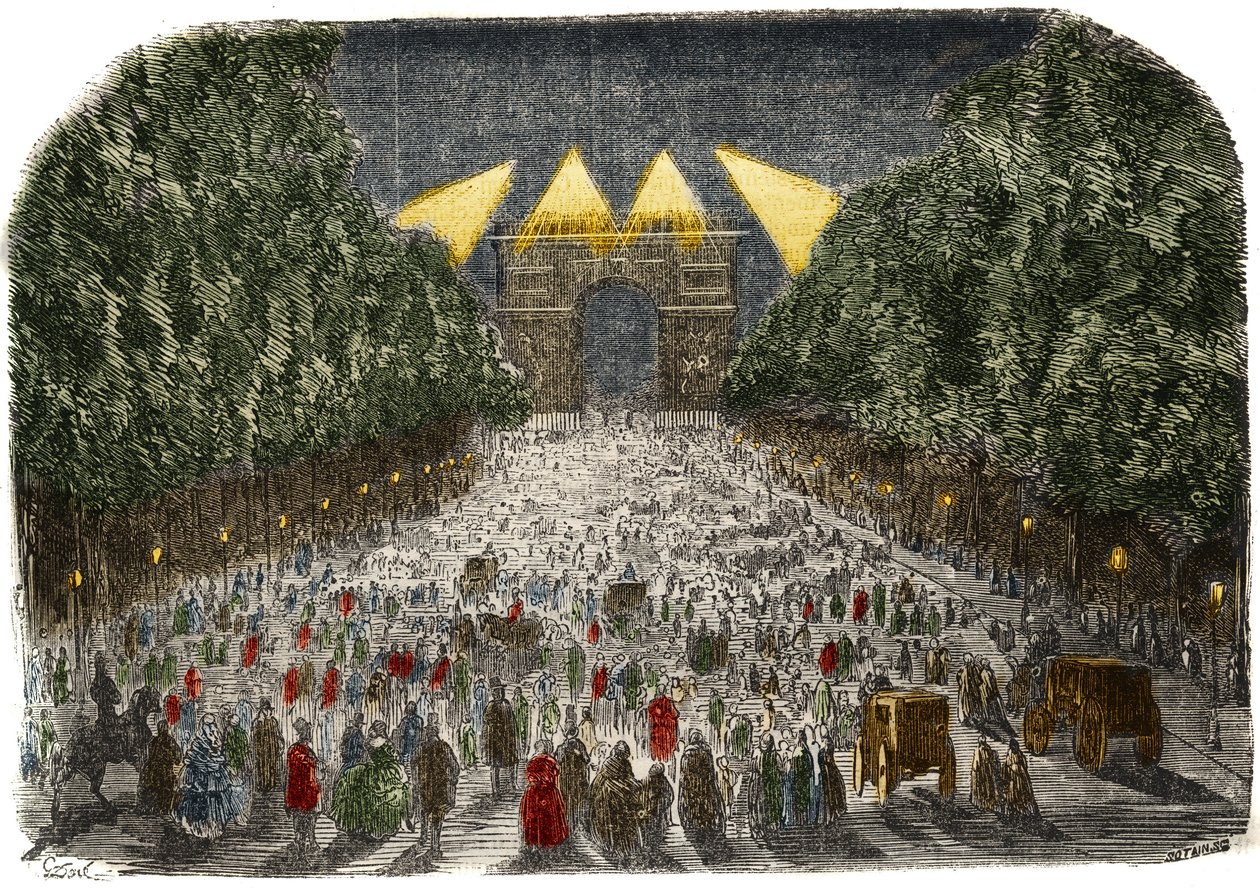 Folkmassa som beundrar den elektriska belysningen av Triumfbågen och Champs Elysees (Champs-Elysees) i Paris den 26 och 27 oktober av Gustave Dore