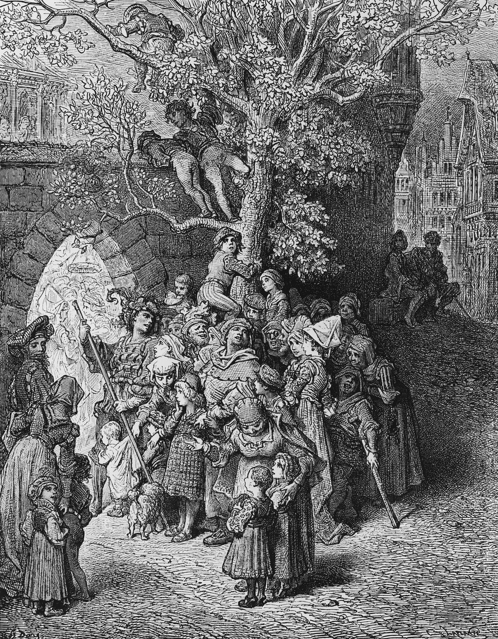Skara åskådare och åskådare på bröllopet, scen från "The Rime of the Ancient Mariner" av S.T. Coleridge, publicerad av Harper und Brothers, New York, 1876 (trägravyr) av Gustave Dore