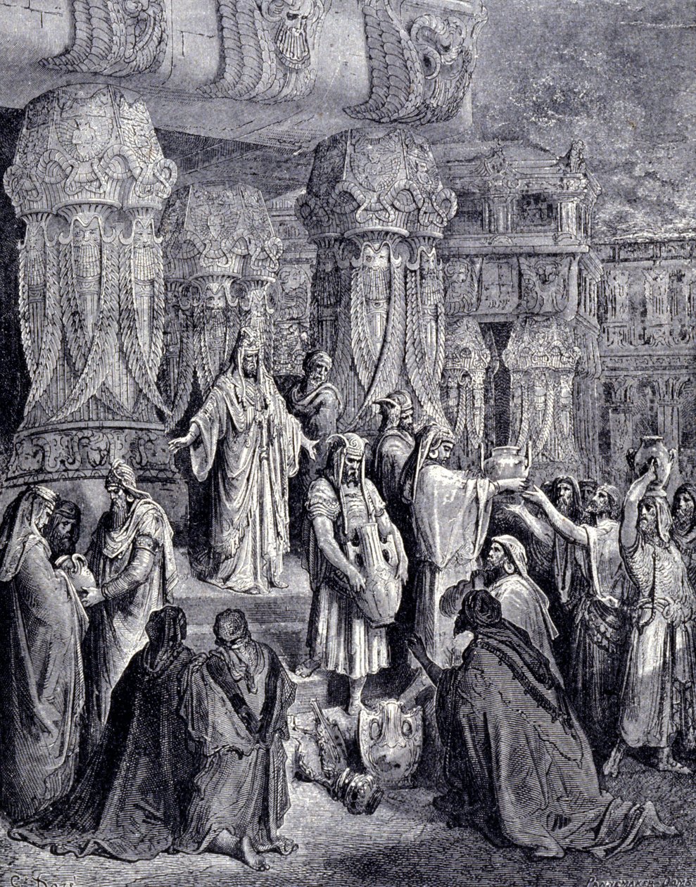 Cyrus II den store (580 f.Kr. - 530 f.Kr.) befriade de fångna folken vid hans ankomst till Babylon 539 f.Kr. och återlämnade till det judiska folket de heliga kärlen som hade tagits som byte i Jerusalems tempel. Gravyr av Gustave Doré. av Gustave Dore