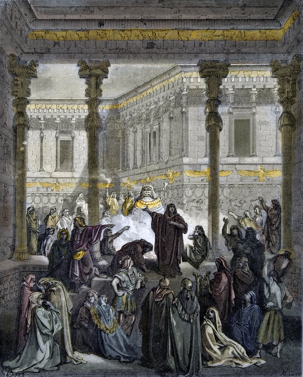 Daniel förvirrar Baals präster - Daniel förvirrar prästerna i Bel - - gravering i "" The Bible illustree"" av Gustave Dore (1832-1883) - Gravyr från "" The Dore Bible"" av Gustave Dore