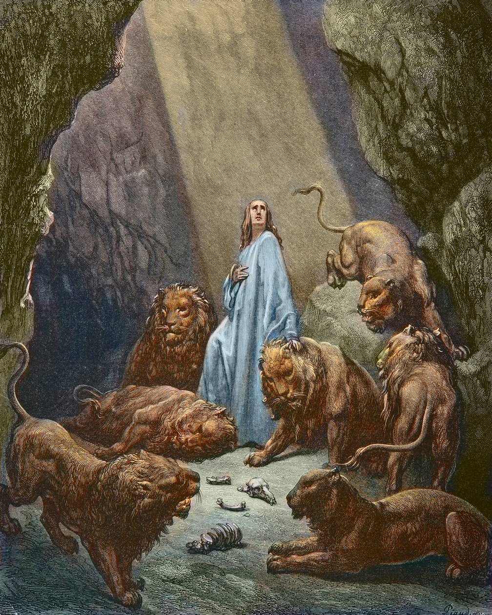 Daniel kastas in i lejonhålan - Daniel i lejonhåla - gravyr av Gustave Dore - senare färgläggning av Gustave Dore