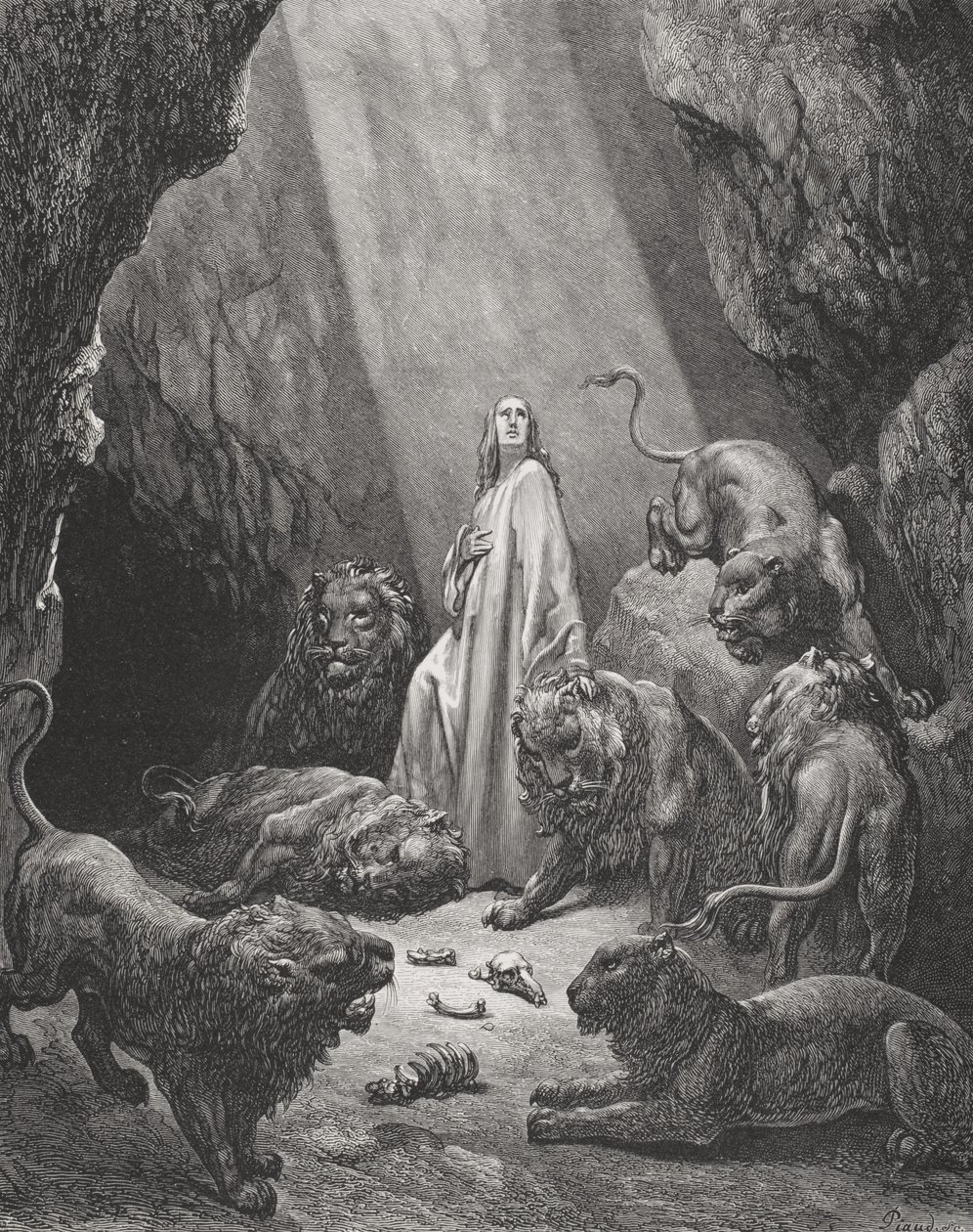 Daniel i lejonens håla, Daniel 6:16-17, illustration från Dores "The Holy Bible", graverad av Piaud, 1866 av Gustave Dore