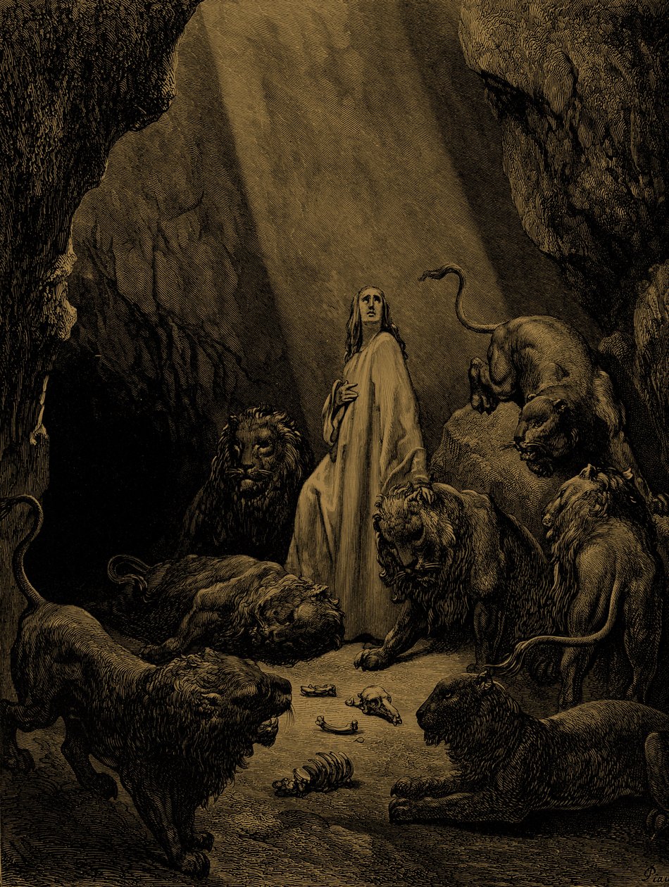 Daniel i lejonhålan, av Doré. - Bibeln av Gustave Dore