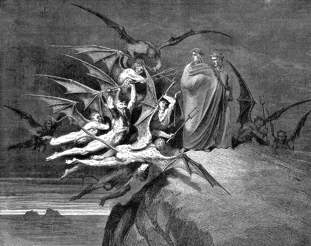 Dante och Virgil omgivna av demoner på deras passage genom den åttonde cirkeln, 1861 av Gustave Dore