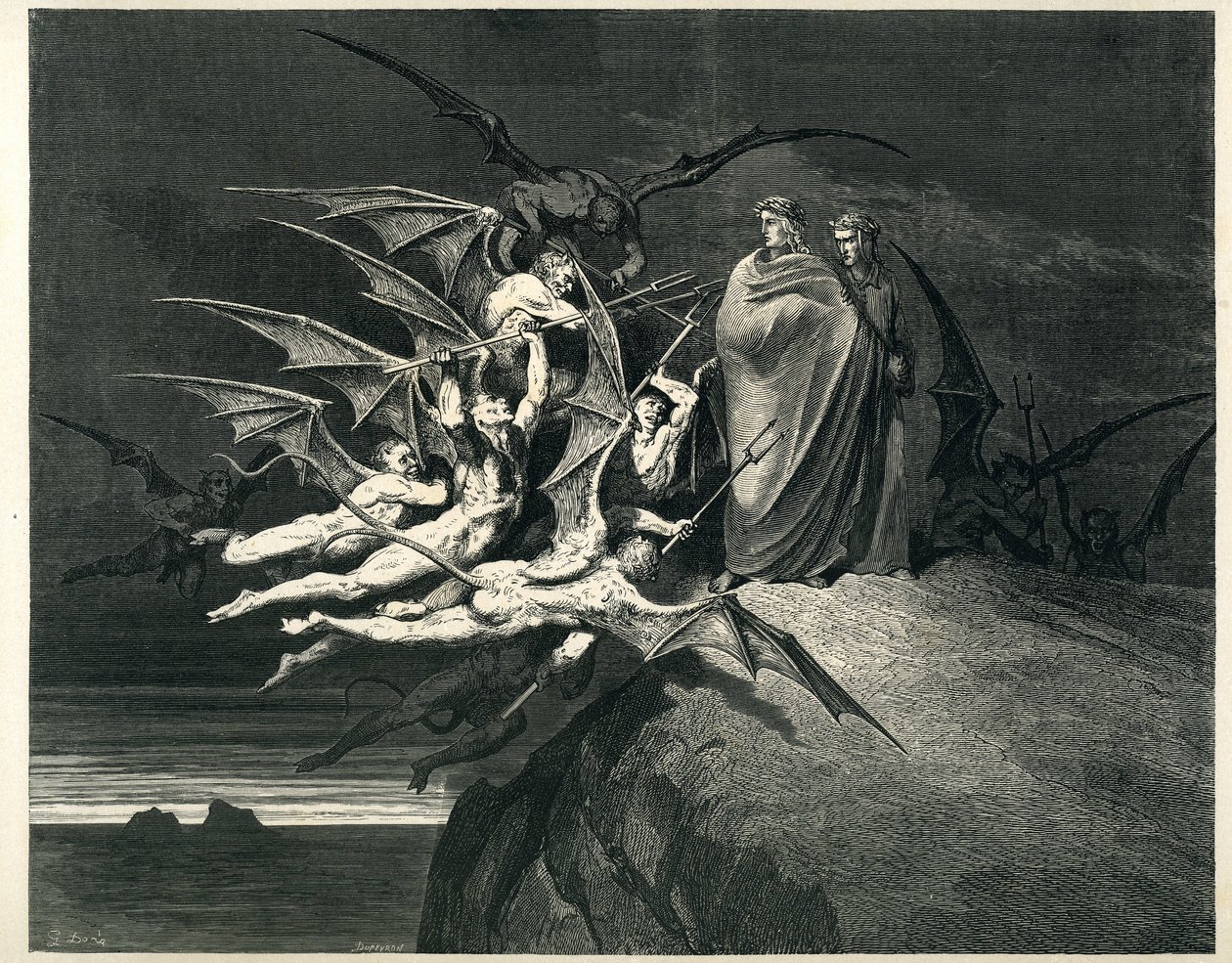 Dante och Vergilius möter demonerna. Gravyr ur Helvetet av Dante Alighieri (Den gudomliga komedin) illustrerad av Gustave Dore. Fransk utgåva från 1861. "... Nessun di voi sia fello! (Låt ingen av er vara upprorisk!)" , chant 21, v. 72. av Gustave Dore
