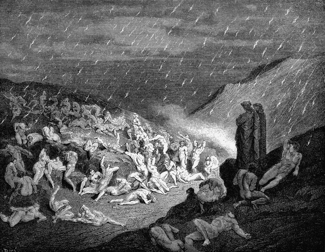 Dante och Vergilius ser ner på själar i plåga i infernot, 1863 av Gustave Dore
