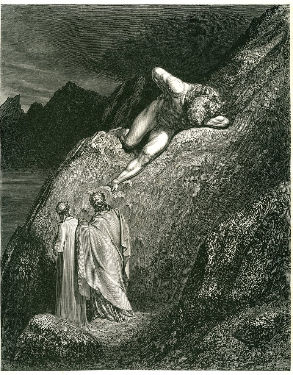 Dante och Vergilius möter Minotaurus. Gravyr ur Helvetet av Dante Alighieri (Den gudomliga komedin) illustrerad av Gustave Dore. Fransk utgåva från 1861. "E in su la punta della rotta lacca/L