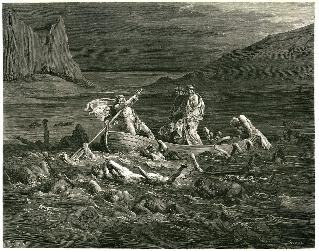 Dante och Vergilius seglar, ledda av Nocher Phlegyas, på Styx där dammar vadar, som försöker klättra upp i båten. Gravyr ur Helvetet av Dante Alighieri (Den gudomliga komedin) illustrerad av Gustave Dore. Fransk utgåva från 1861. "Segando se ne av Gustave Dore