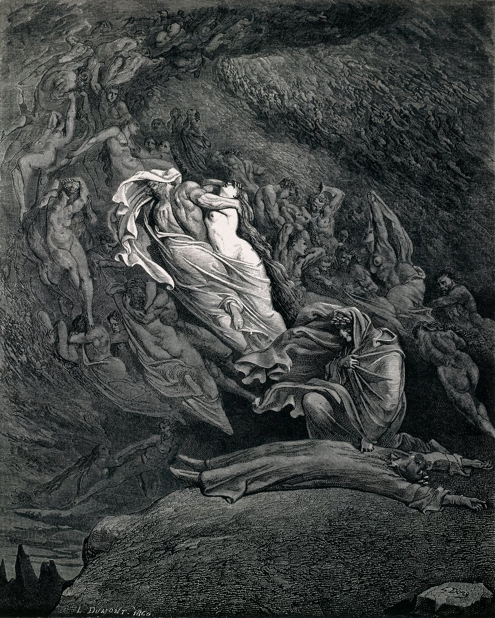 Dante och Vergilius med Paolo och Francesca, Illustration to Inferno, Canto V of Divine Comedy, av Dante Alighieri (1265-1321), av Gustave Dore (1832-1883) av Gustave Dore