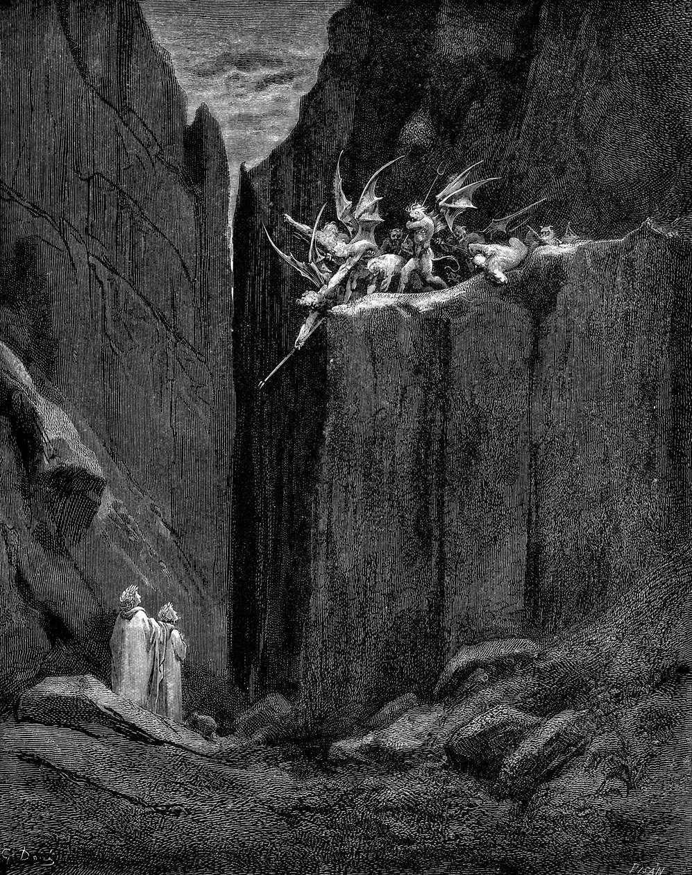 Dante skyddad av Vergilius från skada av demoner, 1863 av Gustave Dore