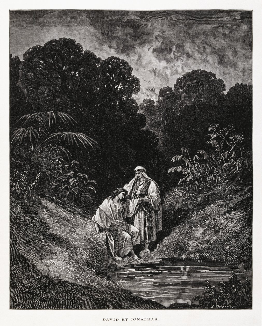David och Jonathan, hjältefigurer i kungariket Israel, som ingick ett vänskapsförbund som finns nedtecknat i Samuelsböckerna, Illustration från Dore-bibeln av Gustave Dore
