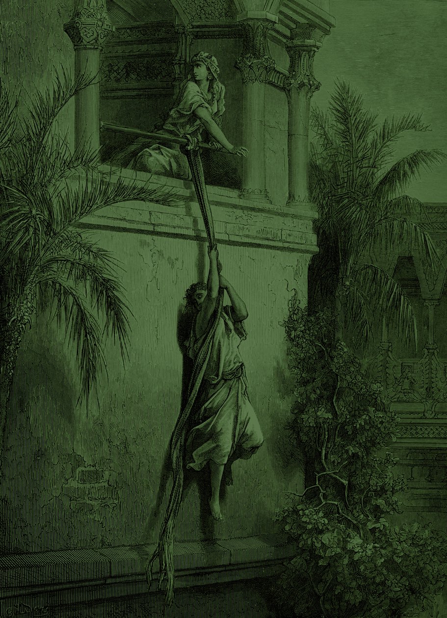 Davids flykt genom fönstret, av Doré. - Bibeln av Gustave Dore