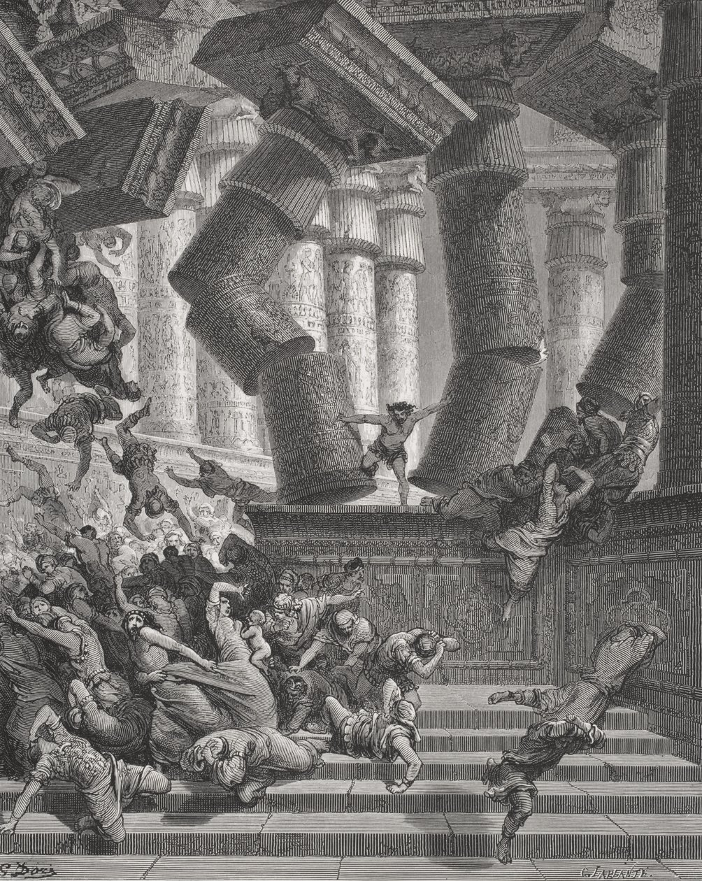 Death of Simson, Domare 26:28-30, illustration från Dores 