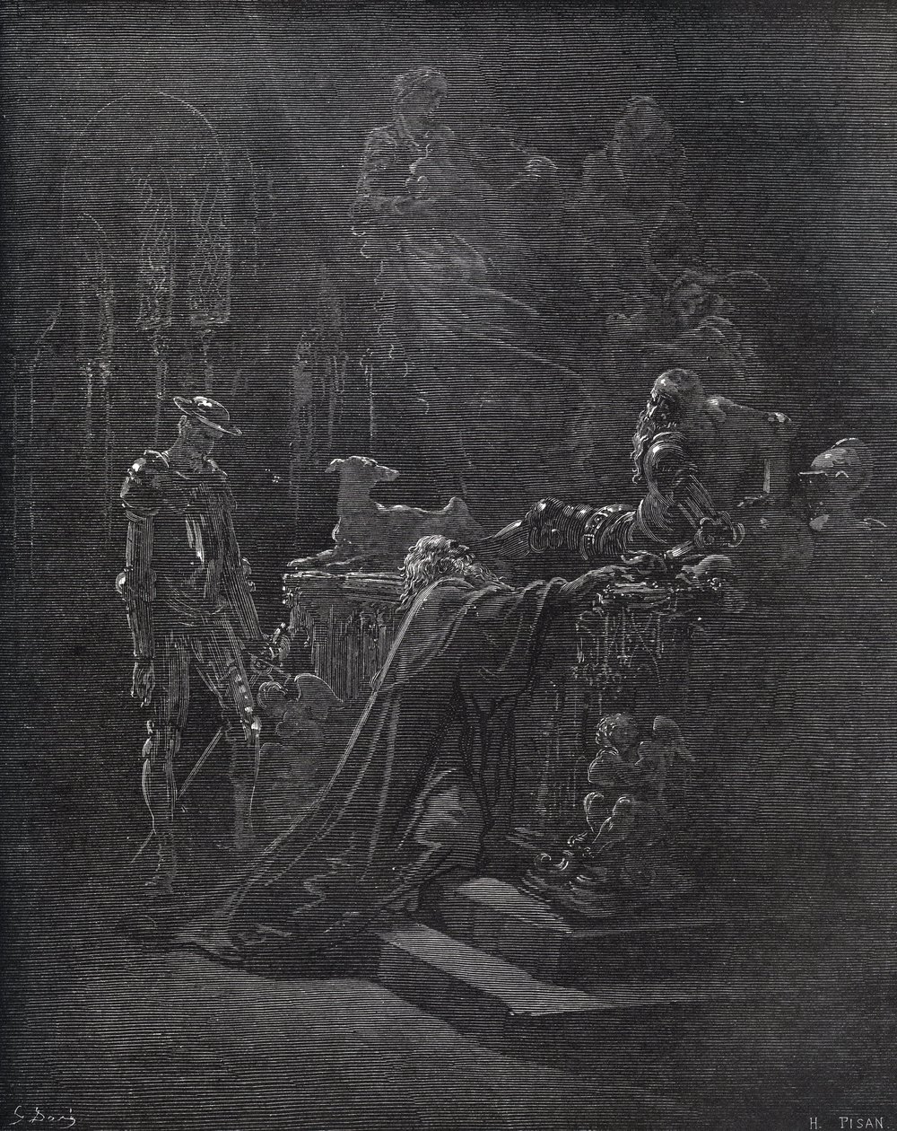 Don Quijote, Montesinos och Durandarte, i Montesinos grotta - från "" Don Quixote de la Mancha"" av Miguel Cervantes (1547-1616) (Don Quijote) - Träsnitt efter teckning av Gustave Dore av Gustave Dore