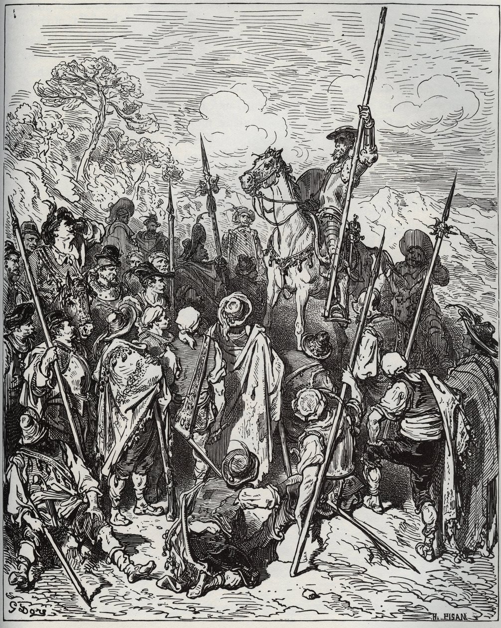 Don Quijote och Sancho med skvadronen av de brinnande byborna - från "Don Quijote de la Mancha"" av Miguel Cervantes (1547-1616) (Don Quijote) - Träsnitt efter teckning av Gustave Dore av Gustave Dore