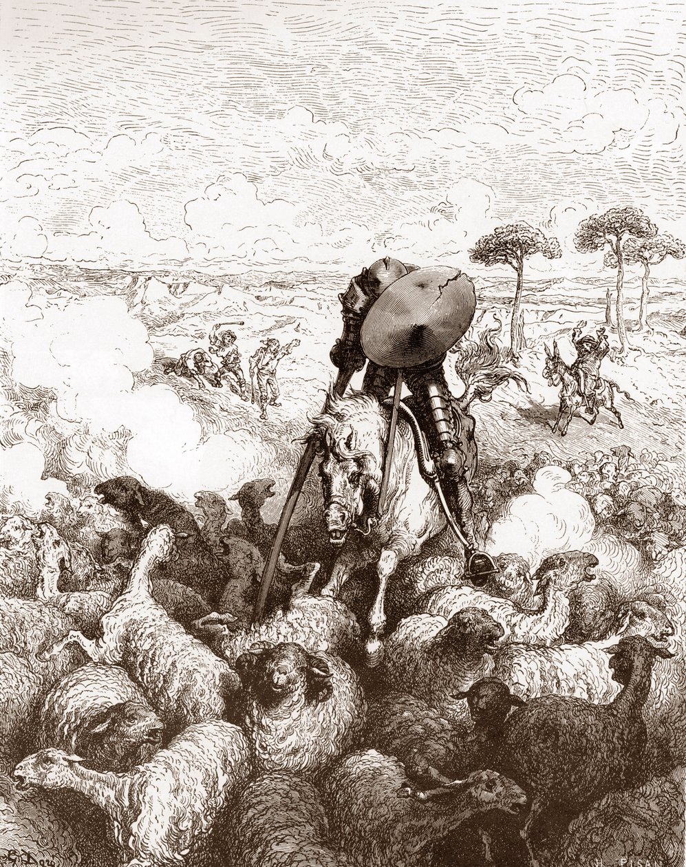 Don Quixot attackerar fårflocken Gravyr av Gustave Dore (1832-1883) för "The Ingenieux Hidalgo Don Quixote de la Mancha (Quixotte - Quijote)" av Miguel de Cervantes (1547-1616) 1863 Privat samling av Gustave Dore