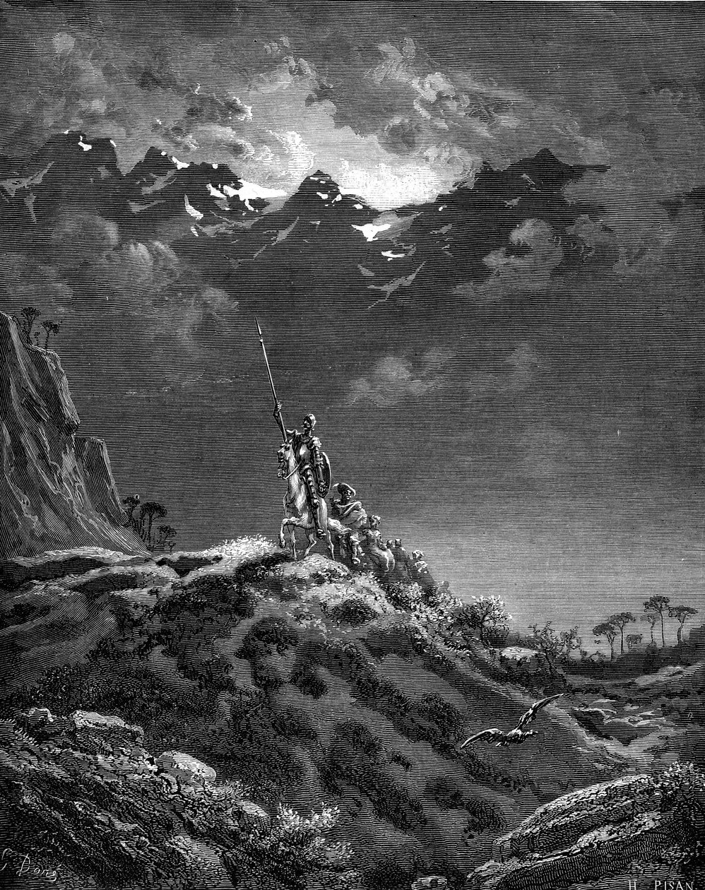 Don Quijote (Quixote eller Qijote) på väg ut på äventyr. Gravyr av Gustave Dore som illustrerar Hachette-utgåvan från 1869 av boken "L