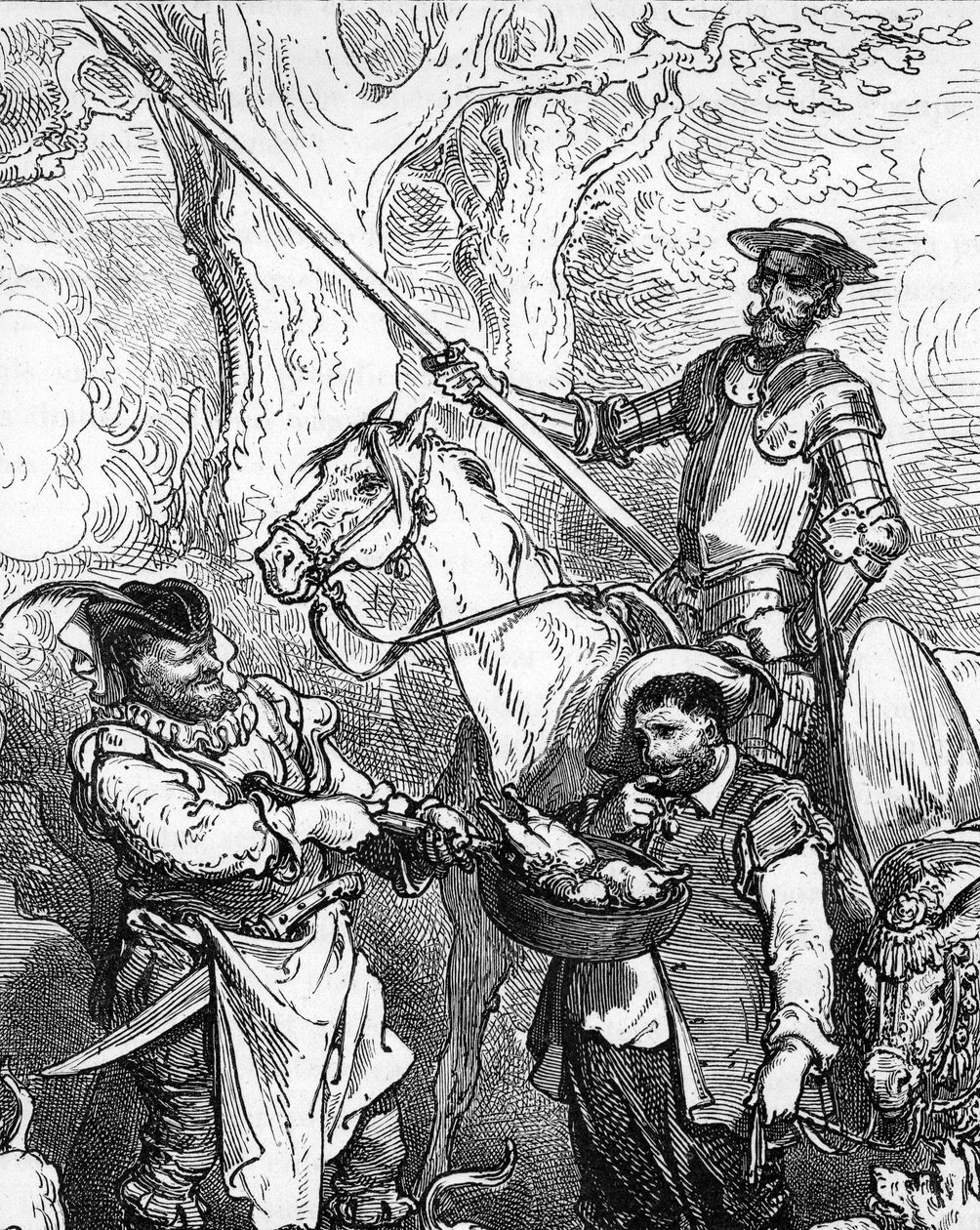 Don Quijote (Quixote eller Qijote), som kastar för hand och rider på sin häst Rossinant, är redo att ge sig ut på äventyr. Hans fidele squiyer, gourmeten Sancho Panza (Panca), tvekar inför en god kötträtt. Detalj av en gravyr av Gustave Dore som illustrera av Gustave Dore