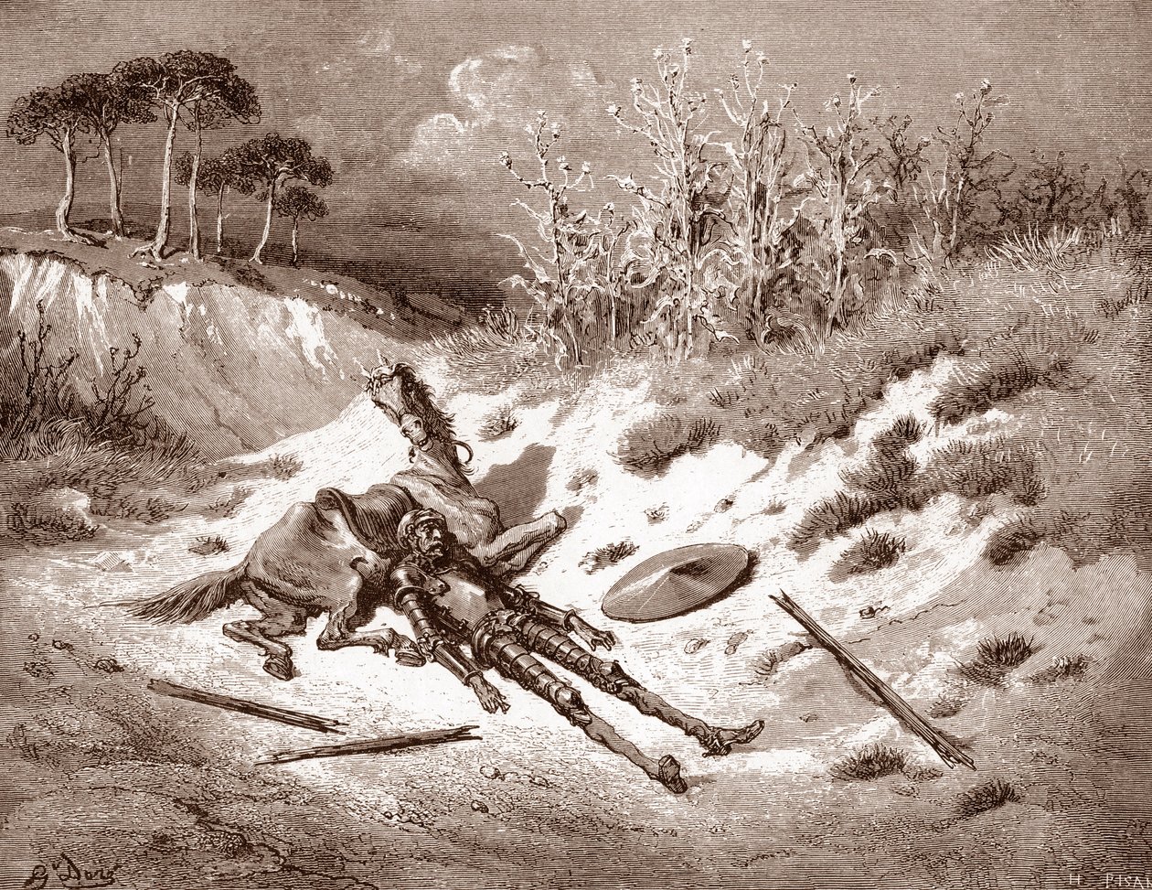 Don Quijote Efter sin misshandel efterlyser Quijote sin idealiska dam Dulcinea del Toboso Gravyr av Gustave Dore (1832-1883) för "The Ingenieux Hidalgo Don Quijote de la Mancha (Quixotte - Quijote)" av Miguel av Cervantes (1547-16316) 1863 Privat samling av Gustave Dore