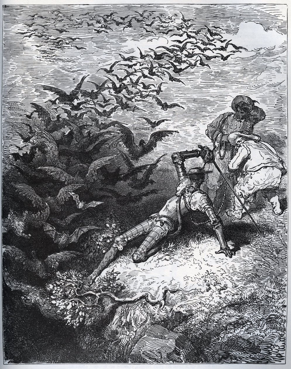 Don Quijote a la cave de Montesinos - Ett oändligt antal kråkor och torn flyger ut ur Montesinos grotta och slår Don Quijote till marken (II, 22) - från "" Don Quixote de la Mancha"" av Miguel Cervantes (1547- 1616) (Don Quijote) - Träsnitt efter teckning av Gustave Dore
