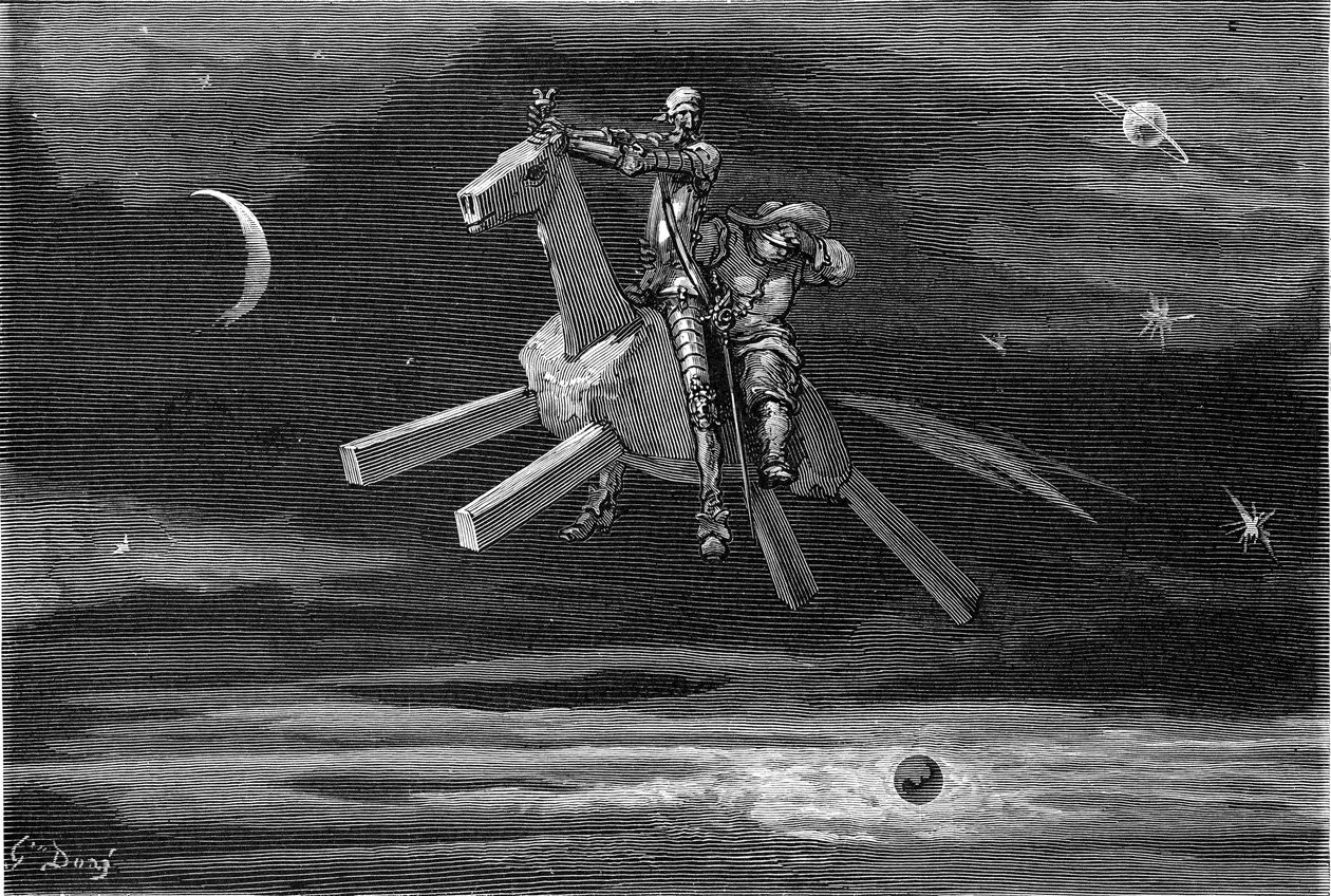 Don Quijote och Sancho Panca (Panza) på himlen, mellan månen och stjärnorna, ridande på trähästen Clavilegne. Gravyr av Gustave Dore som illustrerar 1869 års Hachette-utgåva av boken "L
