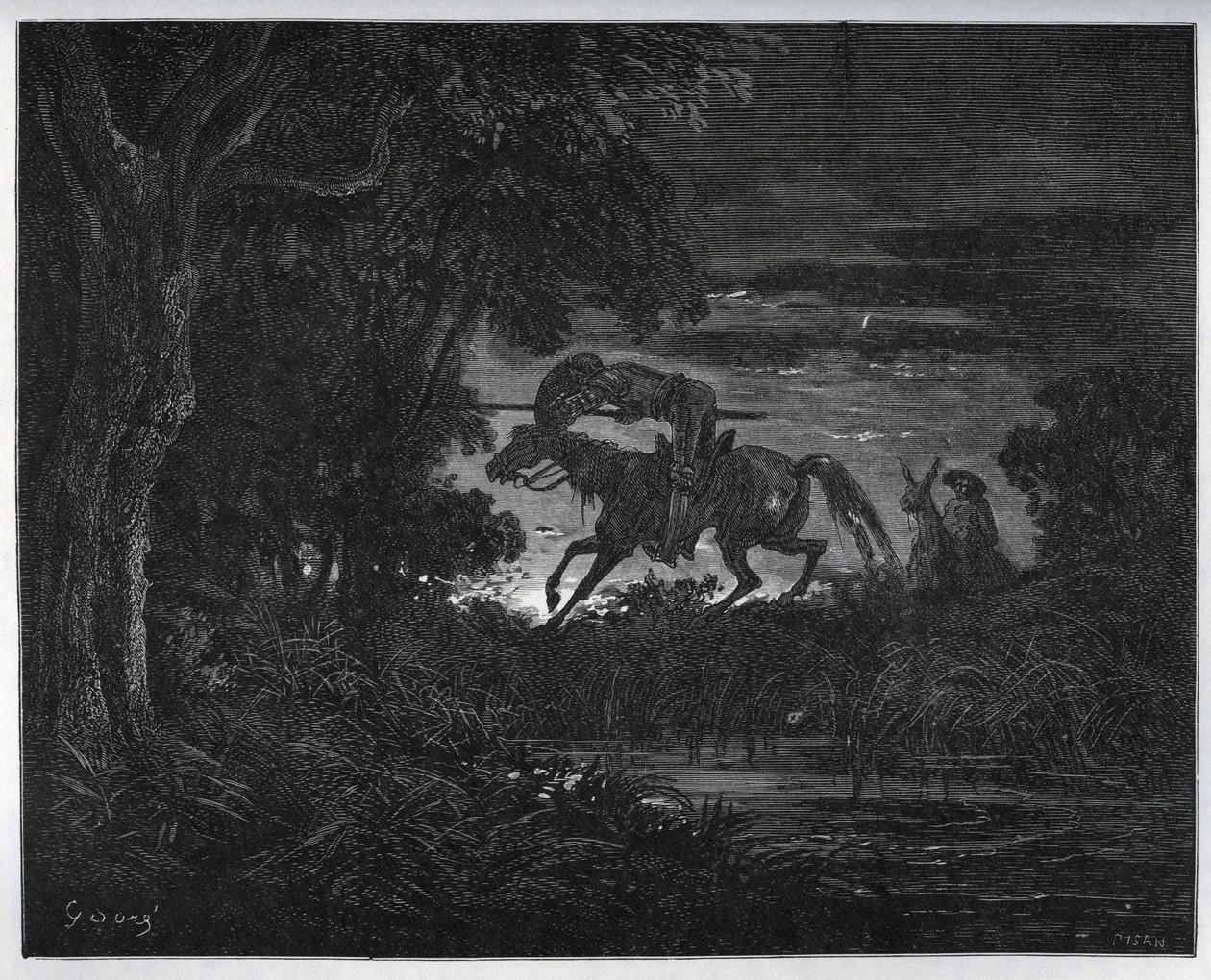 Don Quijote och Sancho Panza i början av äventyret i en tjock och okänd skog - från "Don Quixote de la Mancha" av Miguel Cervantes (1547-1616) (Don Quijote) - Träsnitt efter teckning av Gustave Dore av Gustave Dore
